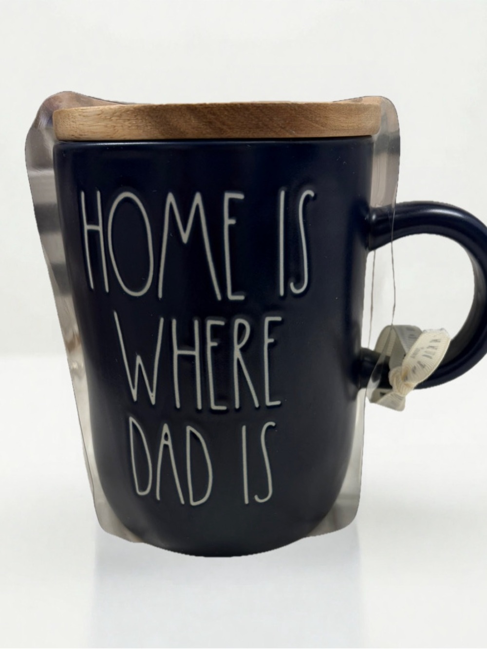 Rae Dunn Navy Ceramic Mug with Bamboo Lid - "Home Is Where Dad Is"